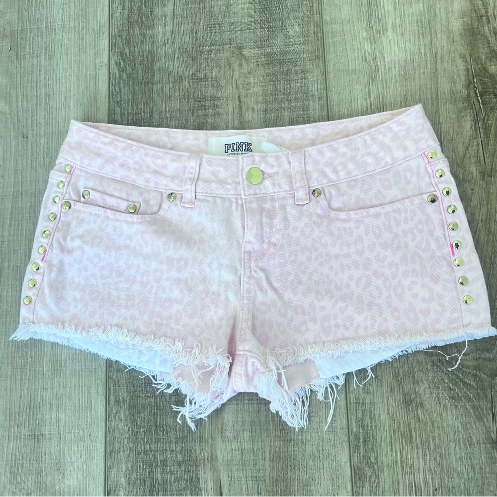 VTG PINK VS Hot Pants Shorts Sz 2 Cheeky Distressed Denim Studded Leopard Print